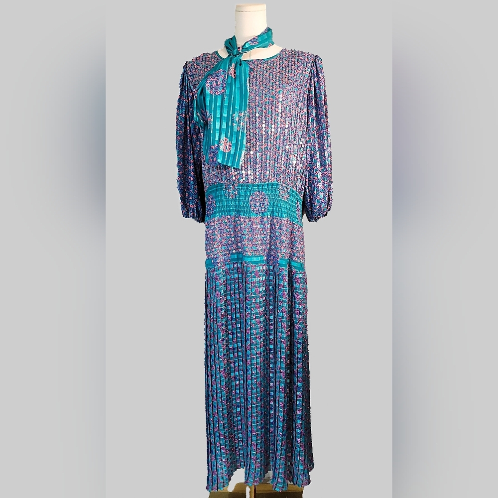 MOSAIC VINTAGE 70‎ Elegant Teal and Blue Long Sleeve Dress sequin embroidery